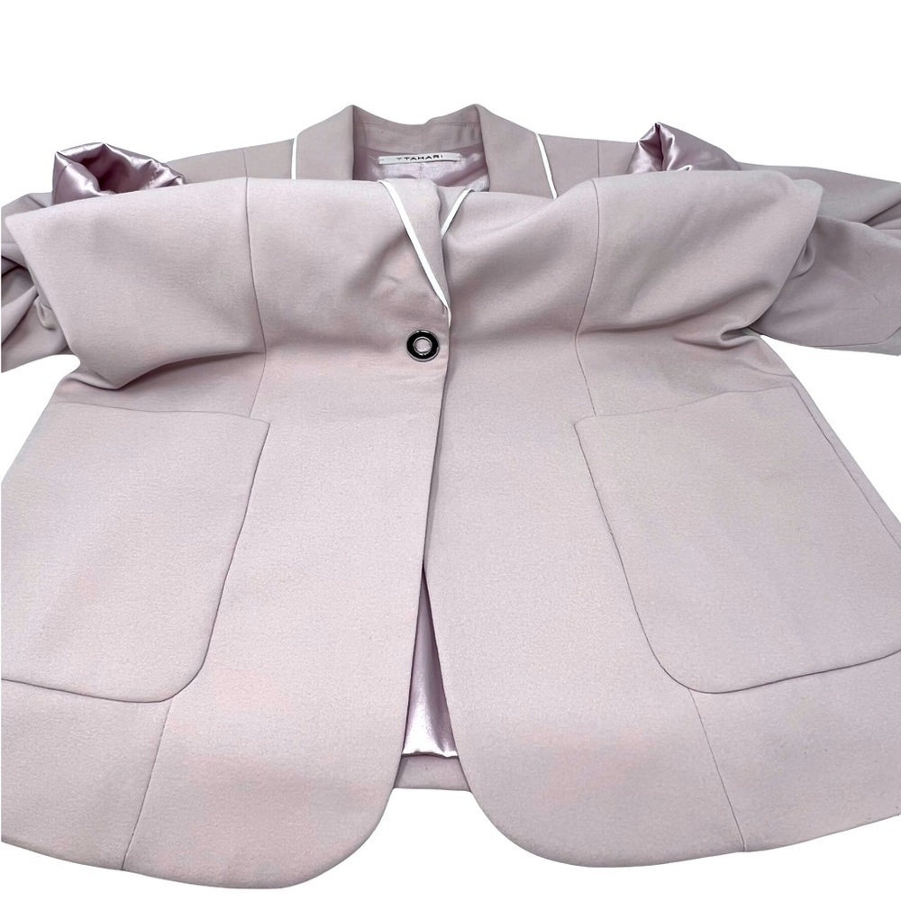 T Tahari Dusty Rose Blazer Size 8 One Button White Piping Trim Preppy Academia - Picture 11 of 15